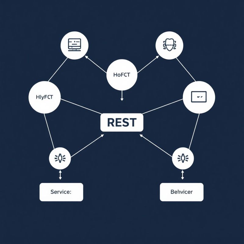 Apstraktni dijagram REST API endpointa koji povezuju više servisa u indigo clean-tech stilu