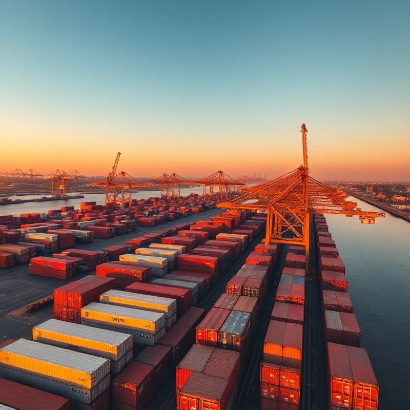 Chennai Port container terminal at golden hour with shipping containers stacked in rows