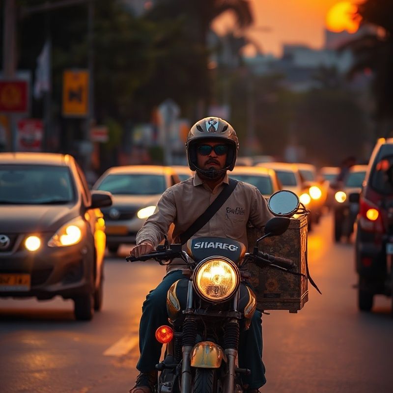 Gig delivery worker on a motorcycle in South Indian city traffic