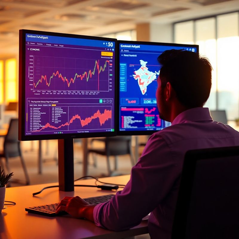 Data analyst at a dual-monitor workstation displaying economic charts and regional maps