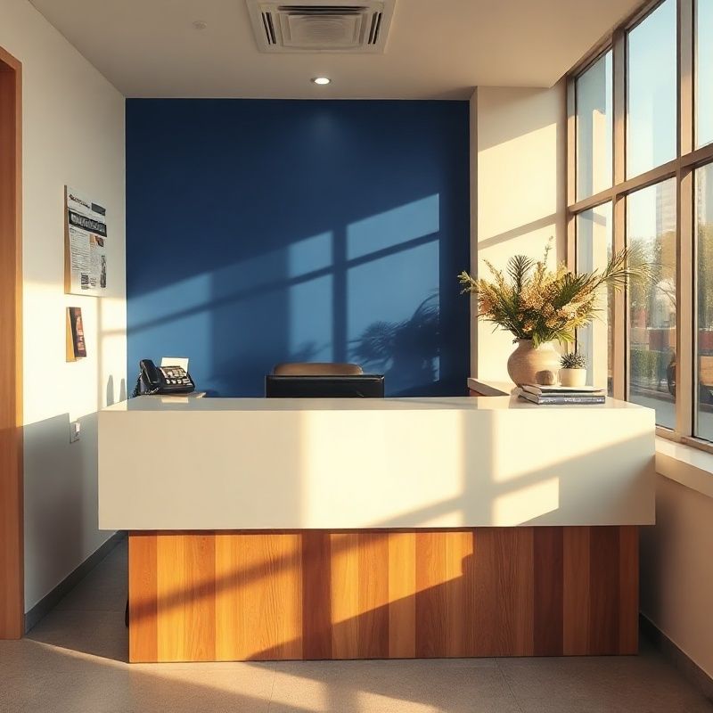 Clean reception desk in a Chennai office with a landline phone and printed masthead