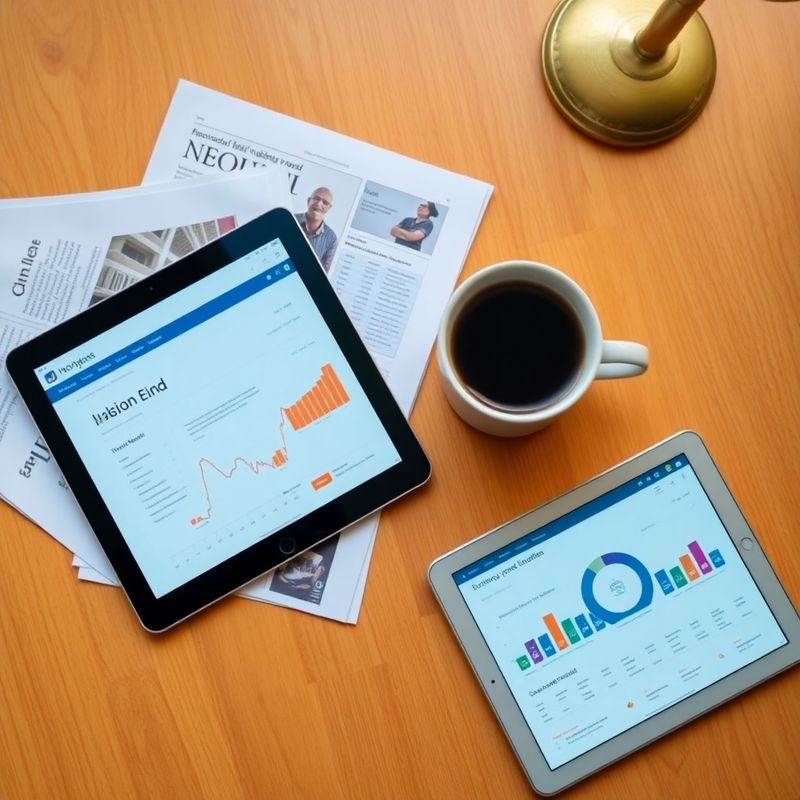 Printed economic reports, tablet dashboard, and filter coffee on a wooden desk