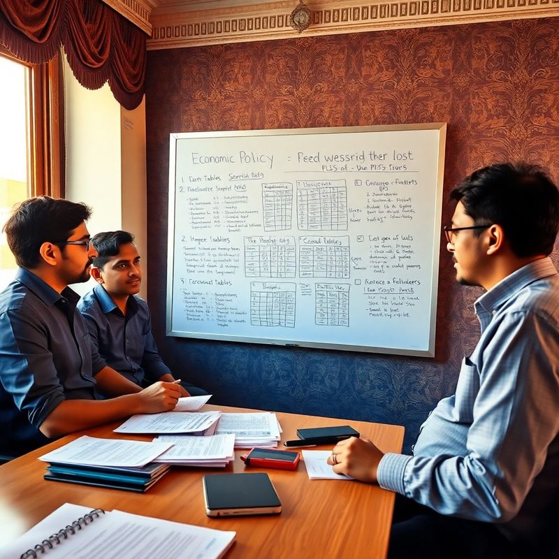 Three journalists reviewing economic policy notes and PLFS tables at a whiteboard